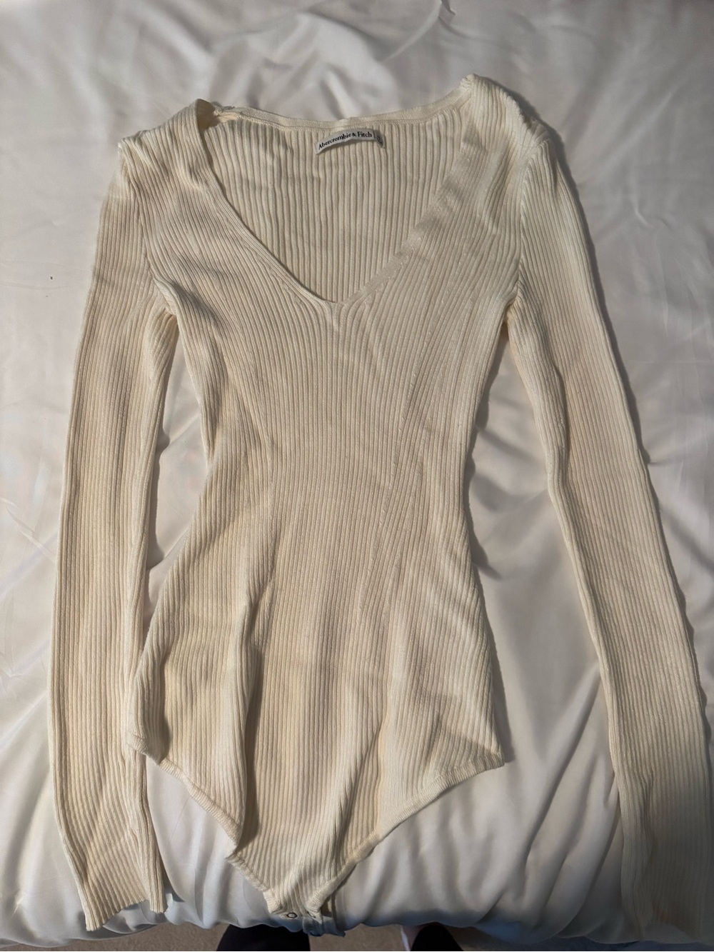 Abercrombie & Fitch Cream Ribbed V-Neck Long Sleeve Bodysuit